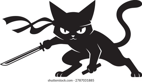 Fierce black cat ninja warrior with katana and determined eyes, sharp, agile