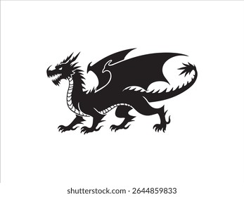 Uma feroz ilustração de dragão preto é retratada de pé ousadamente sobre um fundo branco imaculado