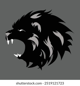 Fierce Black Lion Head Silhouette on Gray