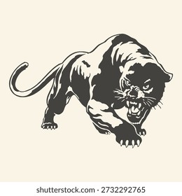 A fierce black panther is depicted in a dynamic, roaring pose, showcasing its sharp fangs and intense expression, created in a striking graphic illustration style.