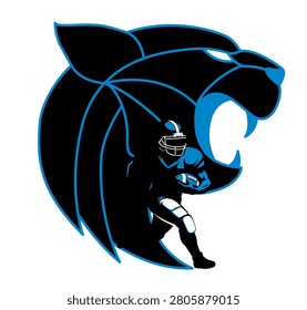 Fierce black panther illustration in aggressive roaring pose and football player with blue accent details. A powerful and dynamic fan design perfect for apparel sublimation prints and game day merchandise.