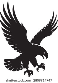 Fierce black vector eagle swooping with wings fully spread, talons outstretched, and head angled forward in bold attack pose. Drawn in sharp, angular silhouette style with strong white cuts defining feathers and motion. Perfect for military emblems, sports teams, aviation brands, stickers, apparel, and lifestyle products needing a powerful, versatile raptor mark with scalable design.