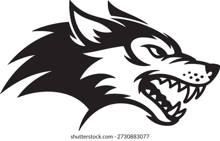 Fierce black and white illustration of a wolf's head, snarling aggressively with sharp teeth and an angry, powerful demeanor.