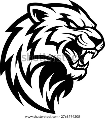 A fierce black and white tiger head with an intense, aggressive expression.