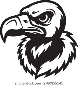 Fierce black and white vector eagle head illustration with intense gaze and sharp beak.