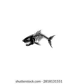 A fierce black and white vector illustration of a predatory fish skeleton featuring sharp teeth and an aggressive expression