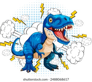 A fierce blue dinosaur with lightning bolts