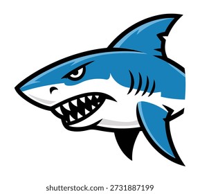 Un tiburón azul feroz con dientes afilados y una expresión agresiva, representado en una ilustración gráfica estilizada.