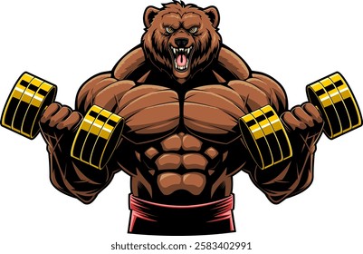 Fierce Bodybuilder Bear Lifting Dumbbells Sports Mascot Logo Design. Vector Hand Drawn Illustration Isolated On Transparent Background