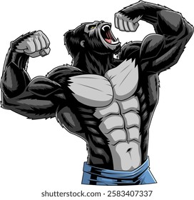 Fierce Bodybuilder Gorilla Flexing Muscles Sports Mascot Logo Design. Vector Hand Drawn Illustration Isolated On Transparent Background