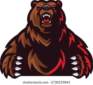 Oso marrón feroz con ilustración de relámpago rojo Una ilustración digital de un oso marrón con la boca abierta y dientes afilados, mostrando efectos de relámpagos rojos en su cuerpo y garras.