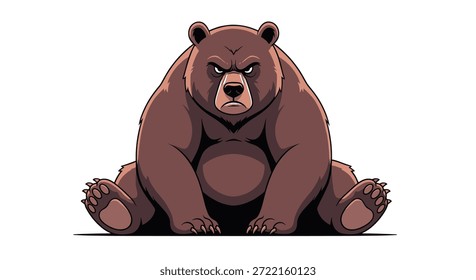 Der grimmige Braunbär sitzt mit einem mürrischen und zornigen Gesichtsausdruck, während er mit seinen großen Pfoten, die auf dem Boden ruhen, nach vorne blickt.