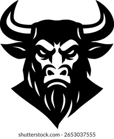 Design de silhueta de cabeça de touro feroz, Uma silhueta preta impressionante de uma cabeça de touro, transmitindo força e determinação. Ideal para mascotes, logotipos ou qualquer projeto de design