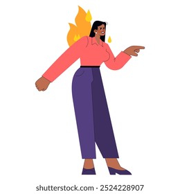 Fierce businesswoman concept. A determined professional points while her hair ignites with flames, symbolizing fiery passion and drive. Vector illustration.