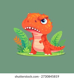 Un feroz dinosaurio de dibujos animados con dientes afilados de pie en suelo rocoso.