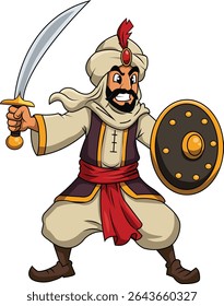 A fierce cartoon illustration of an ancient Arab or Persian warrior in a dynamic battle pose. He is wearing a turban and traditional clothing, wielding a curved scimitar sword and holding a shield.