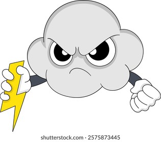 A fierce cartoon illustration of an angry storm cloud gripping a bright yellow lightning bolt, symbolizing an impending storm