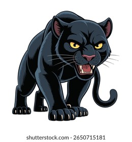 Fierce cartoon illustration of a snarling black panther predator ready to attack with sharp claws.