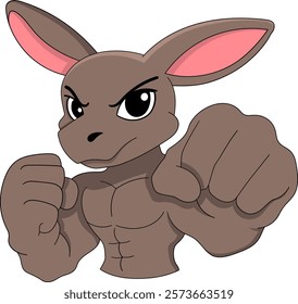 A fierce cartoon kangaroo with muscular features is shown in a boxing stance, highlighting its clenched fists and determined expression