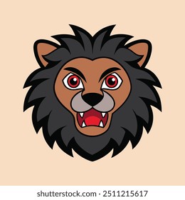 Feroz Cartoon Lion Head Mascote com olhos vermelhos e preto Mane. Perfeito para branding, design de logotipo, mascotes da equipe de esportes, materiais educacionais, produtos para crianças e projetos de jogos.