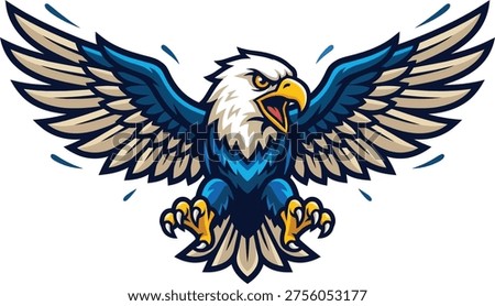 Fierce cartoon mascot illustration of a powerful bald eagle mascot spreading massive wings aggressively with sharp talons extended ready for an attack