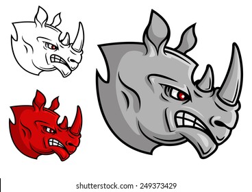 Fierce Cartoon Rhino Head With Glaring Eyes In Profile In Three Variations, Isolated On White