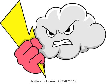 A fierce cartoon style illustration of a storm cloud character with an angry expression, gripping a bright yellow lightning bolt.