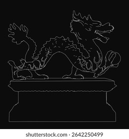 A fierce Chinese dragon stands on a pedestal, its intricate scales and sharp claws meticulously drawn in black and white. The dragon's wide, alert eyes and slightly open mouth suggest it is ready to.