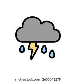 Fierce cloud with thunder and rain in colored outline style. Great for dark skies, climate visuals, and news broadcast icons.