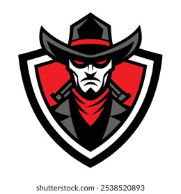 Logo de una feroz mascota de vaquero con un personaje robusto en un sombrero de ala ancha, sosteniendo dos armas. Con ojos intensos y líneas audaces, transmite dureza y un espíritu del Salvaje Oeste.