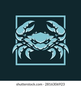 Fierce Crab Logo Vector Icon with Raised Claws Framed in Square Border on Dark Green Background, Aggressive Sea Creature Mascot Emblem in Light Blue for Esports Gaming Team and Seafood Brand Design