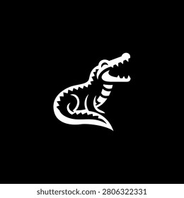Fierce crocodile logo in bold black and white vector style, aggressive reptile emblem isolated on dark background