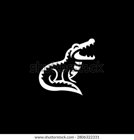 Fierce crocodile logo in bold black and white vector style, aggressive reptile emblem isolated on dark background