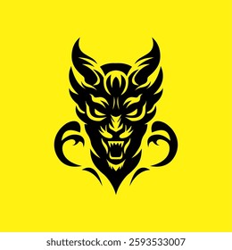  Fierce Demon Beast Face Silhouette with Sharp Tribal Design on Yellow Background – Vector Illustration