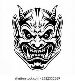 A fierce and detailed illustration of a Japanese Oni mask, featuring sharp horns, a menacing grin, and intricate facial details.