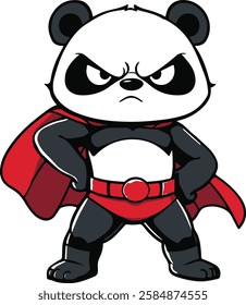 A fierce and determined superhero panda wearing a red cape stands with arms crossed in a power pose. This cartoon-style vector illustration is perfect for mascot designs, logos, kid's apparel, etc.