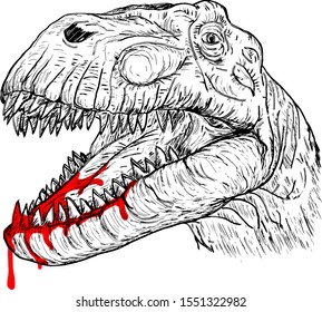 A fierce dinosaur head with blood dripping from its jaw. Hand drawn vector illustration. 