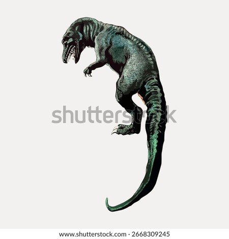 A fierce dinosaur illustration featuring a T-Rex. The T-Rex is depicted in a dynamic pose, showcasing its powerful tail and sharp teeth. Dinosaur art for enthusiasts. Vintage animal illustration.