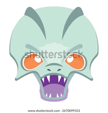 Fierce dragon creature with orange eyes and purple mouth Vector illustration