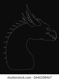 A fierce dragon head in black and white, outlined in stark white against a dark background. Its wide, alert eyes and slightly open mouth reveal sharp teeth, while spread wings emphasize power