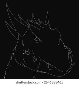 A fierce dragon's head in black and white line art, wings spread wide, mouth open with sharp teeth. Detailed scales and alert eyes enhance the realistic yet stylized design.