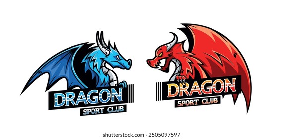 Vista Del Perfil De Los Dragones Feroces, Logotipos Del Club Del Deporte En Colores Azules Y Rojos Que Ilustran Las Mascotas De Equipo Poderosas Para El Club Deportivo