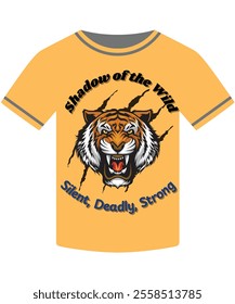  A fierce and dynamic design of a roaring tiger with bold text "Shadow of the Wild" and "Silent, Deadly, Strong," ideal for animal lovers and those drawn to powerful wildlife designs.