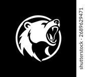 A fierce and dynamic monochrome vector logo featuring the roaring head of a bear (or polar bear) with its mouth wide open, showing its fangs. The design is set inside a circular frame and uses bold, a