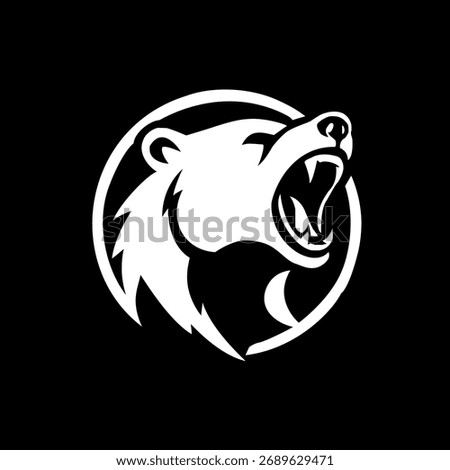 A fierce and dynamic monochrome vector logo featuring the roaring head of a bear (or polar bear) with its mouth wide open, showing its fangs. The design is set inside a circular frame and uses bold, a