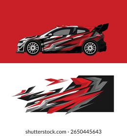 Fierce and dynamic vector decal design for racing car wrap. Featuring sharp red, black, and gray elements with modern aggressive styling.