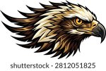 Fierce eagle head profile with sharp feathers and intense orange eye bird side view