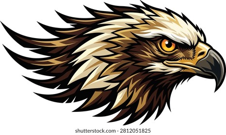 Fierce eagle head profile with sharp feathers and intense orange eye bird side view