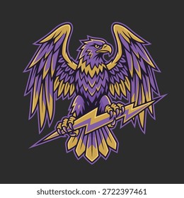 Um mascote de águia feroz em roxo e ouro, segurando um raio, simbolizando potência e velocidade.