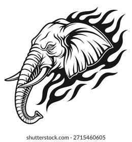Perfil de cabeza de elefante feroz con llamas - Potente ilustración de la mascota del Vector blanco y negro para los deportes o el tatuaje

